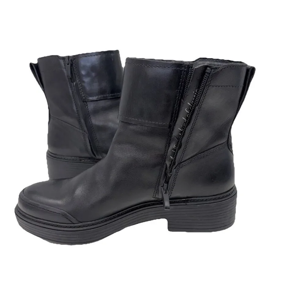 Franco Sarto Karrie Black Leather Ankle Boots Womens Block Heel Side Zip Sz 8.5